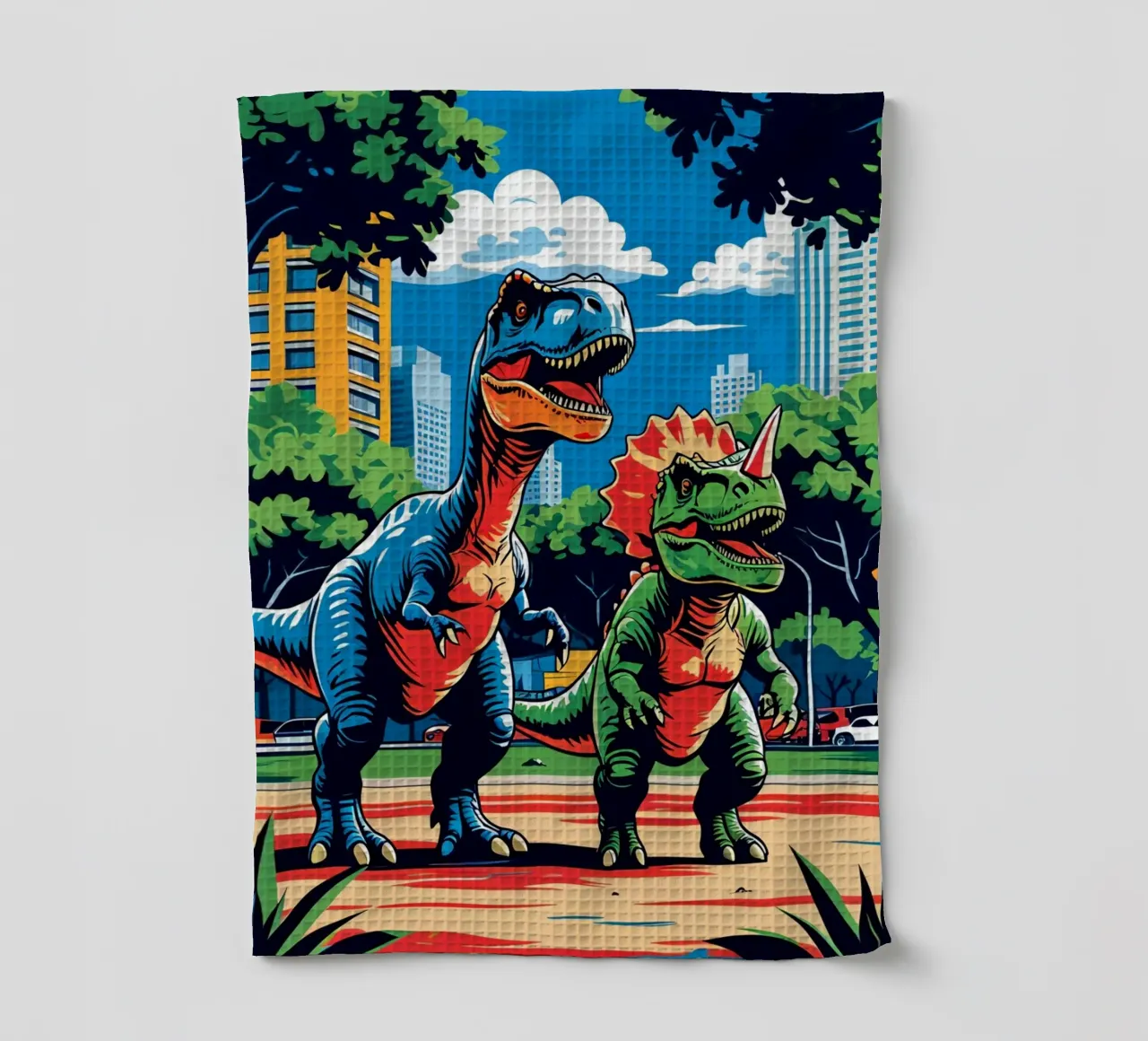 Dinosaures rétro dans un parc avec des bâtiments urbains torchon de DesignDoodle