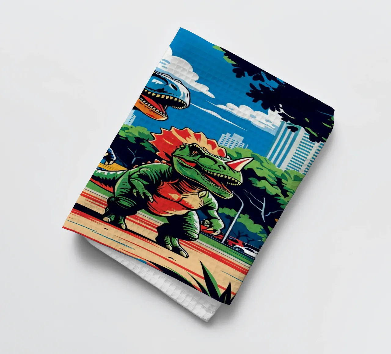 Retro-Dinosaurier in einem Park mit Stadtgebäuden Geschirrtuch von DesignDoodle