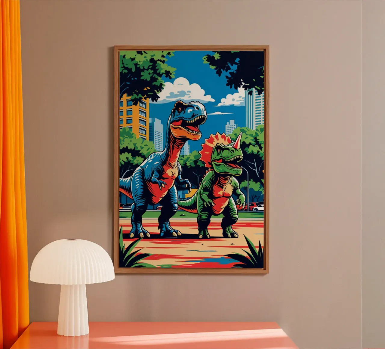 Dinosauri retrò in un parco con edifici urbani alluminio dibond da DesignDoodle