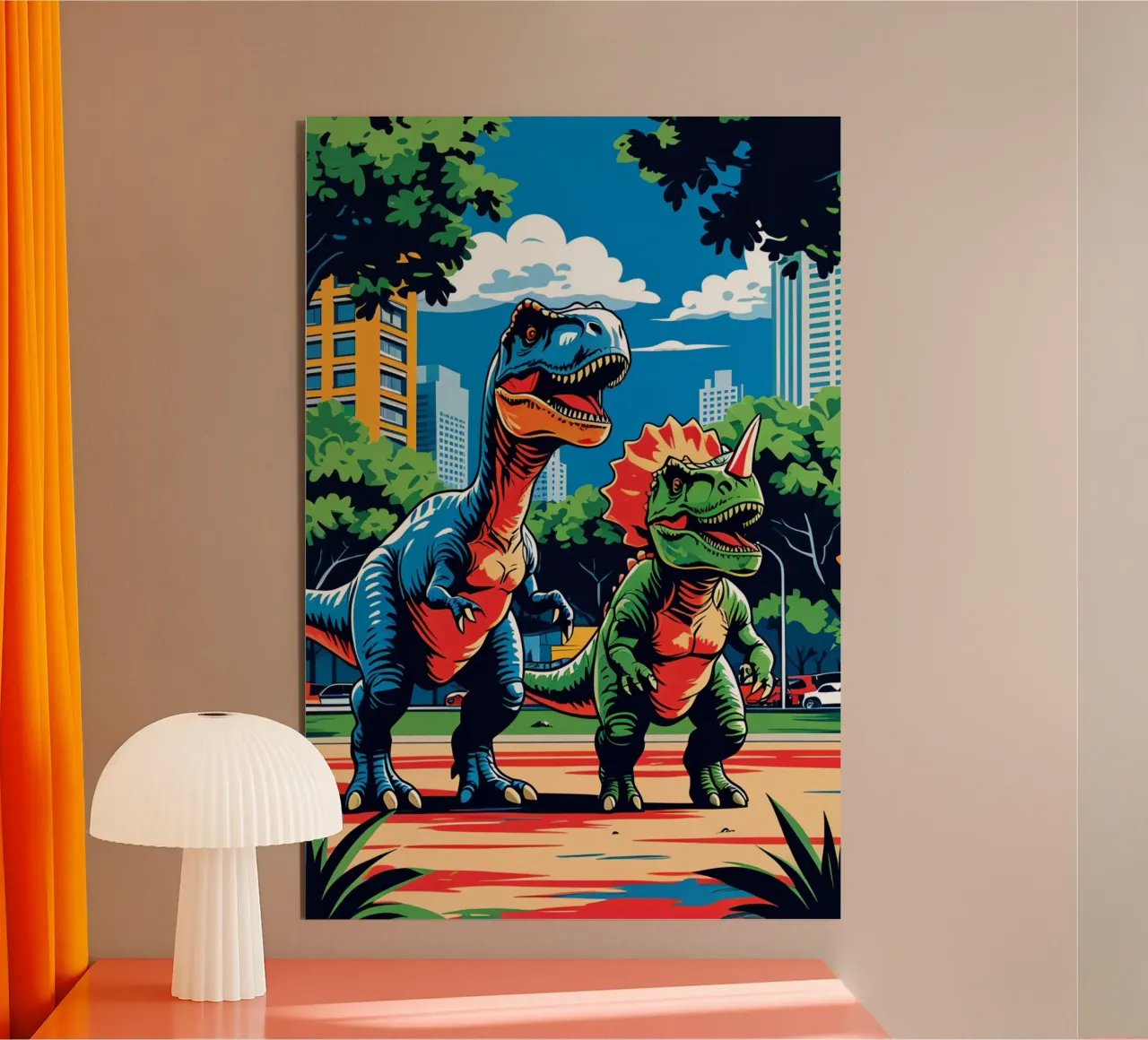 Dinosauri retrò in un parco con edifici urbani alluminio dibond da DesignDoodle