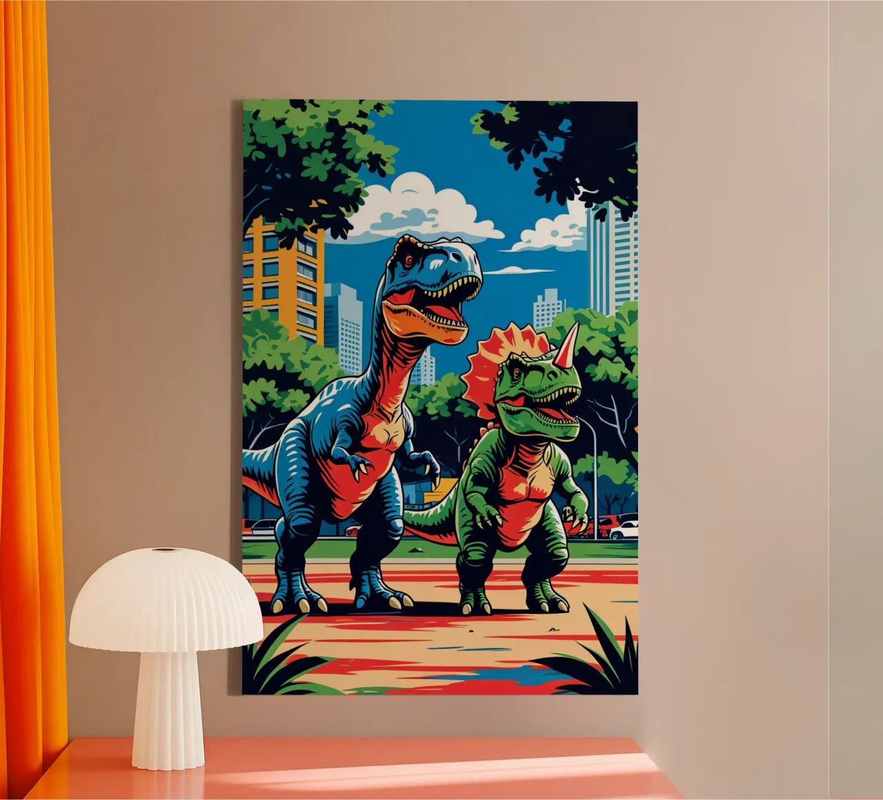 Dinosauri retrò in un parco con edifici urbani tela da DesignDoodle