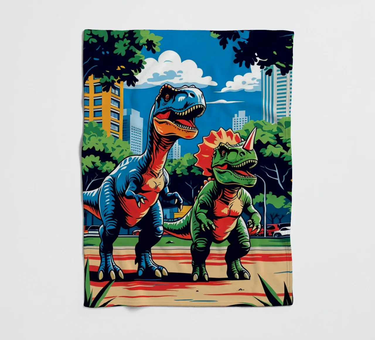 Dinosauri retrò in un parco con edifici urbani coperta in pile da DesignDoodle