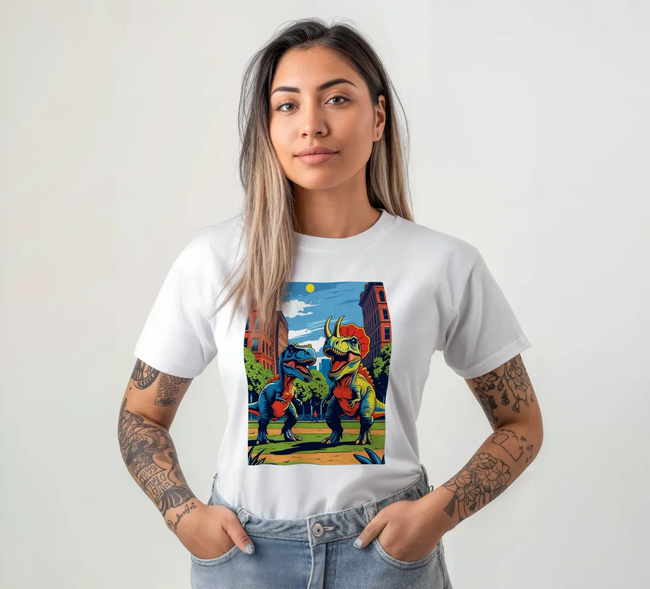 Retro dinosaurussen in stadspark t-shirt van DesignDoodle