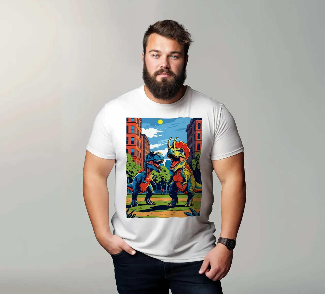 Retro dinosaurussen in stadspark t-shirt van DesignDoodle