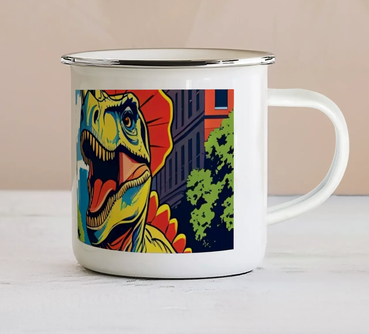 Retro dinosaurussen in stadspark emaille mok van DesignDoodle