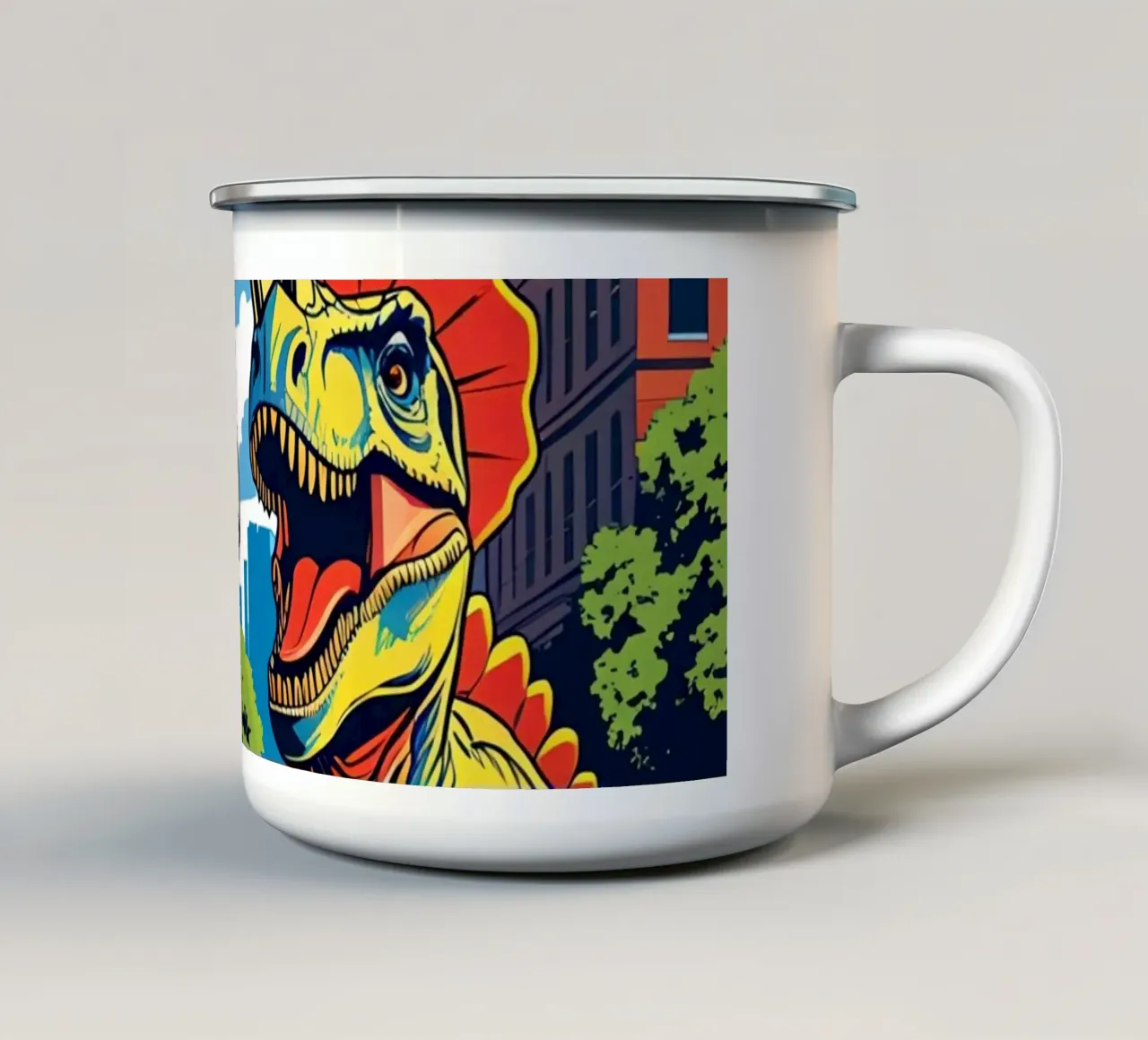 Retro dinosaurussen in stadspark emaille mok van DesignDoodle