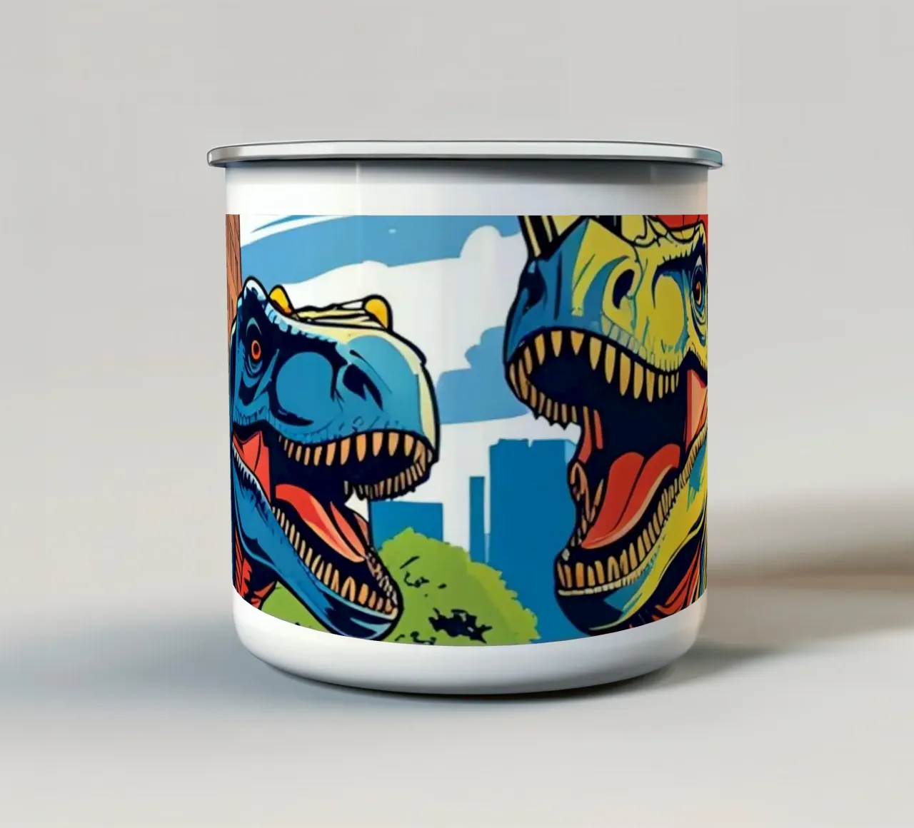 Retro dinosaurussen in stadspark emaille mok van DesignDoodle