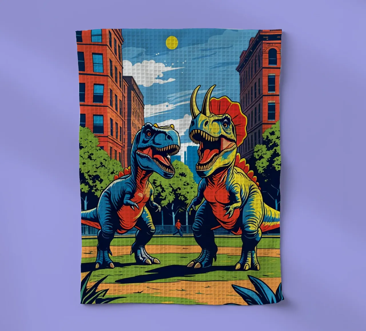 Retro dinosaurussen in stadspark theedoek van DesignDoodle