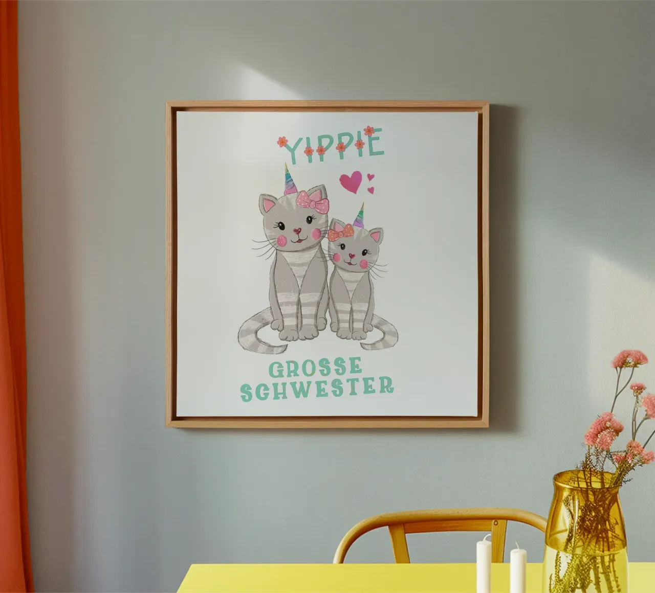 Katten. Eenhoorn. Joepie, nu ben ik de grote zus canvas met Baklijst van CalliLetters
