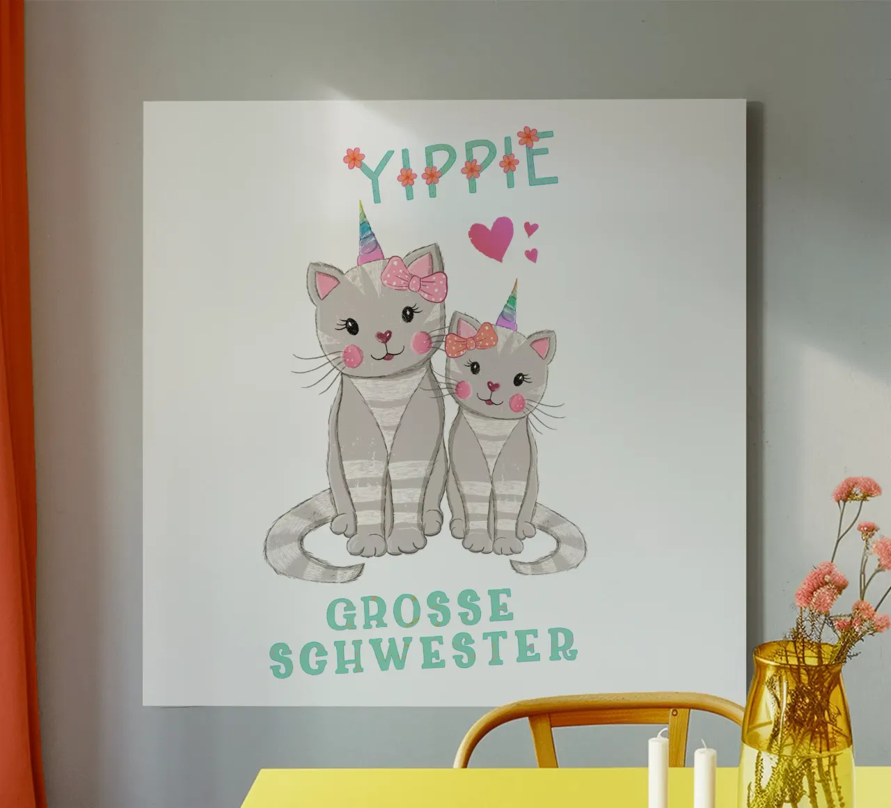 Katten. Eenhoorn. Joepie, nu ben ik de grote zus canvas met Baklijst van CalliLetters