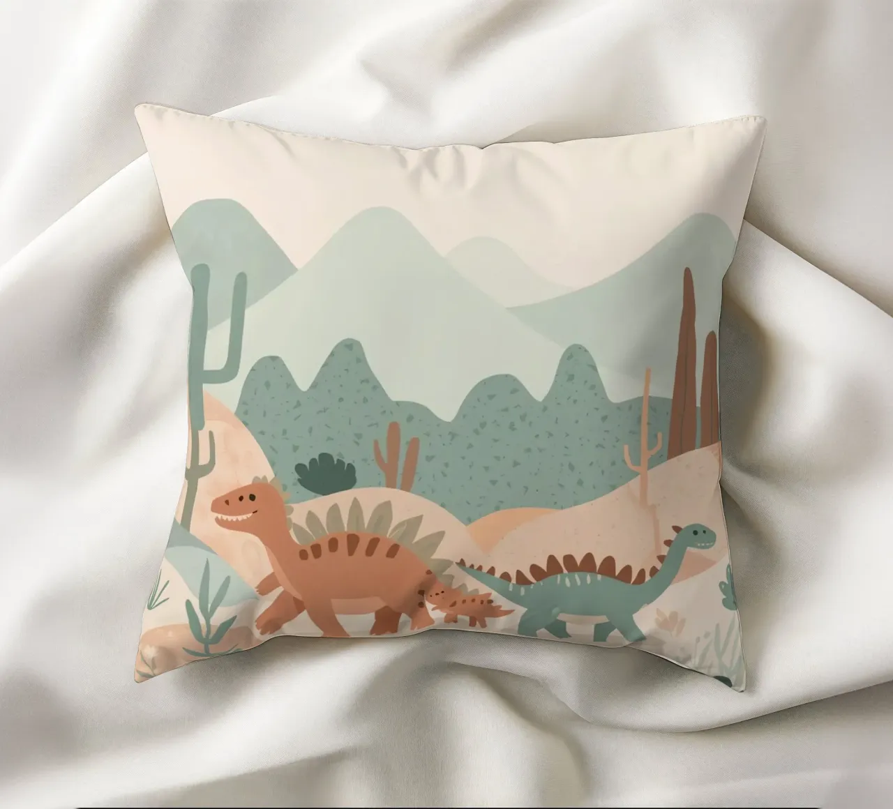 Dinosauri in un paesaggio a pastello cuscino da DesignDoodle