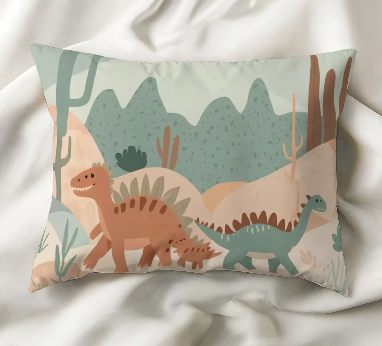 Dinosauri in un paesaggio a pastello cuscino da DesignDoodle