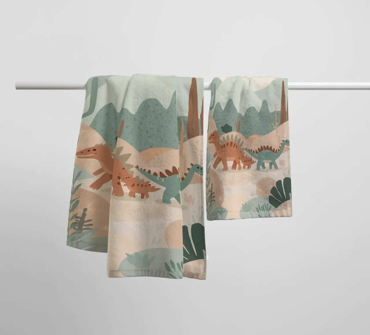 Dinosauri in un paesaggio a pastello asciugamano da bagno da DesignDoodle