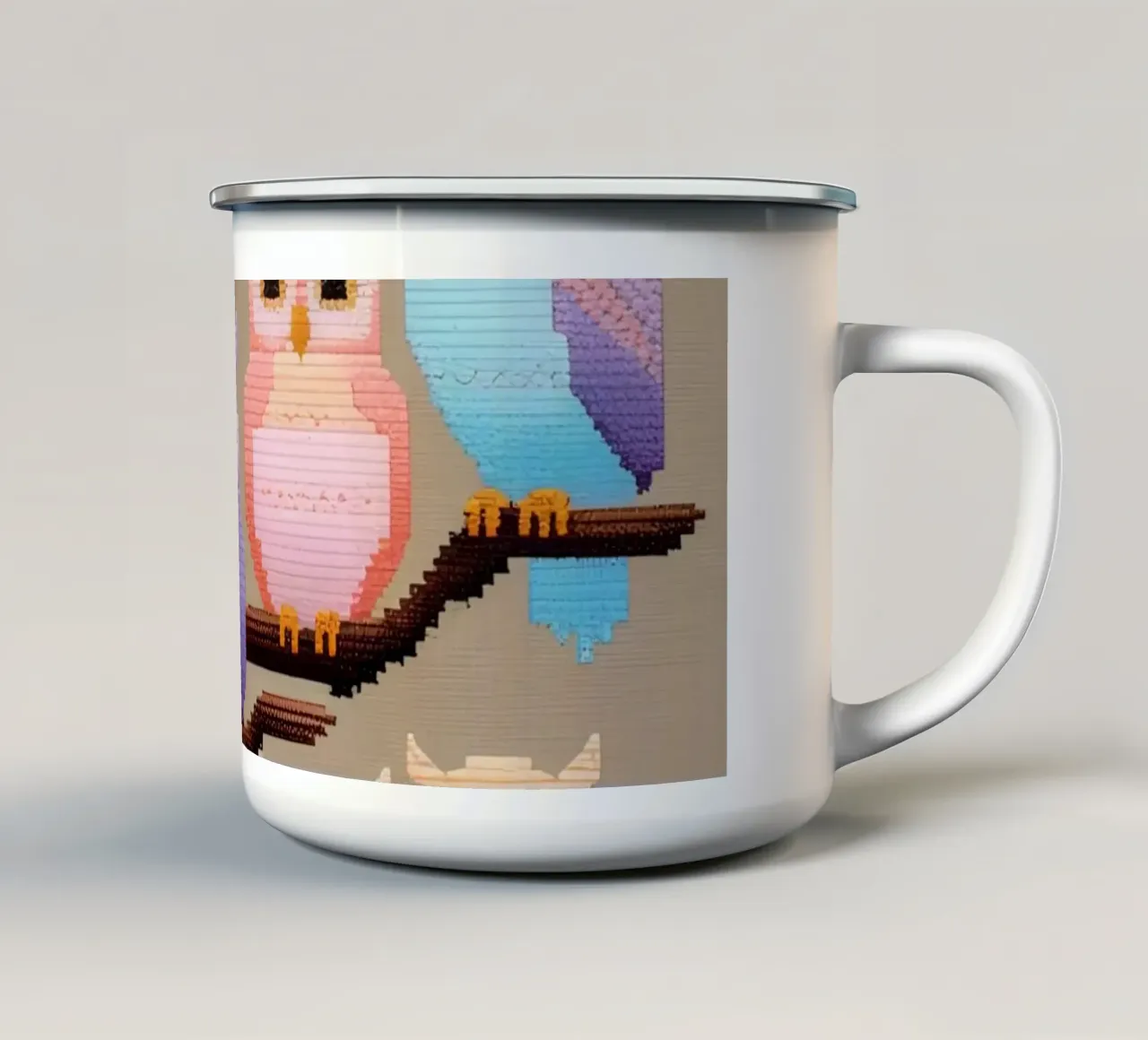 Gufi colorati a punto croce su un ramo tazza in smalto da DesignDoodle