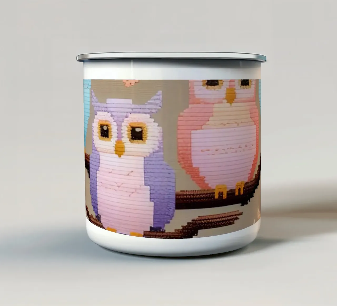 Gufi colorati a punto croce su un ramo tazza in smalto da DesignDoodle