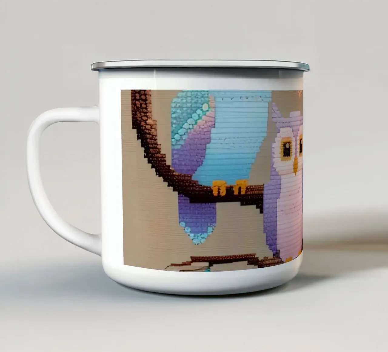 Gufi colorati a punto croce su un ramo tazza in smalto da DesignDoodle