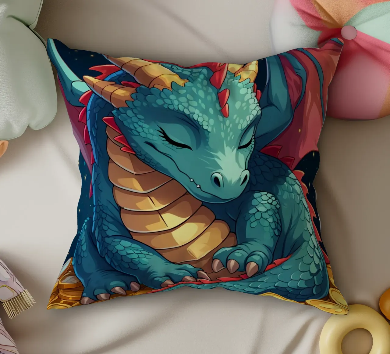 Drago che dorme sulle monete d'oro cuscino da DesignDoodle