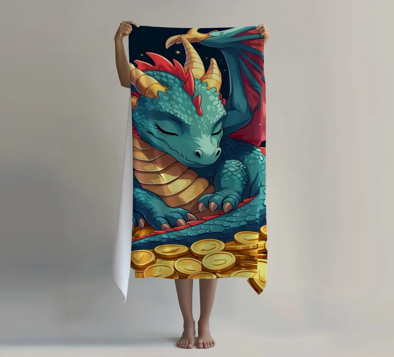 Drago che dorme sulle monete d'oro telo mare da DesignDoodle