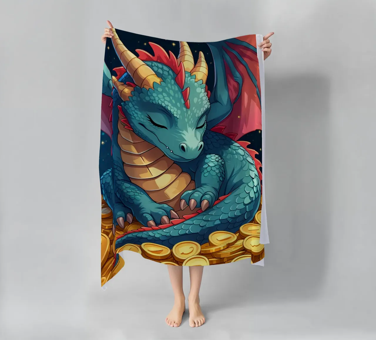 Drago che dorme sulle monete d'oro telo mare da DesignDoodle