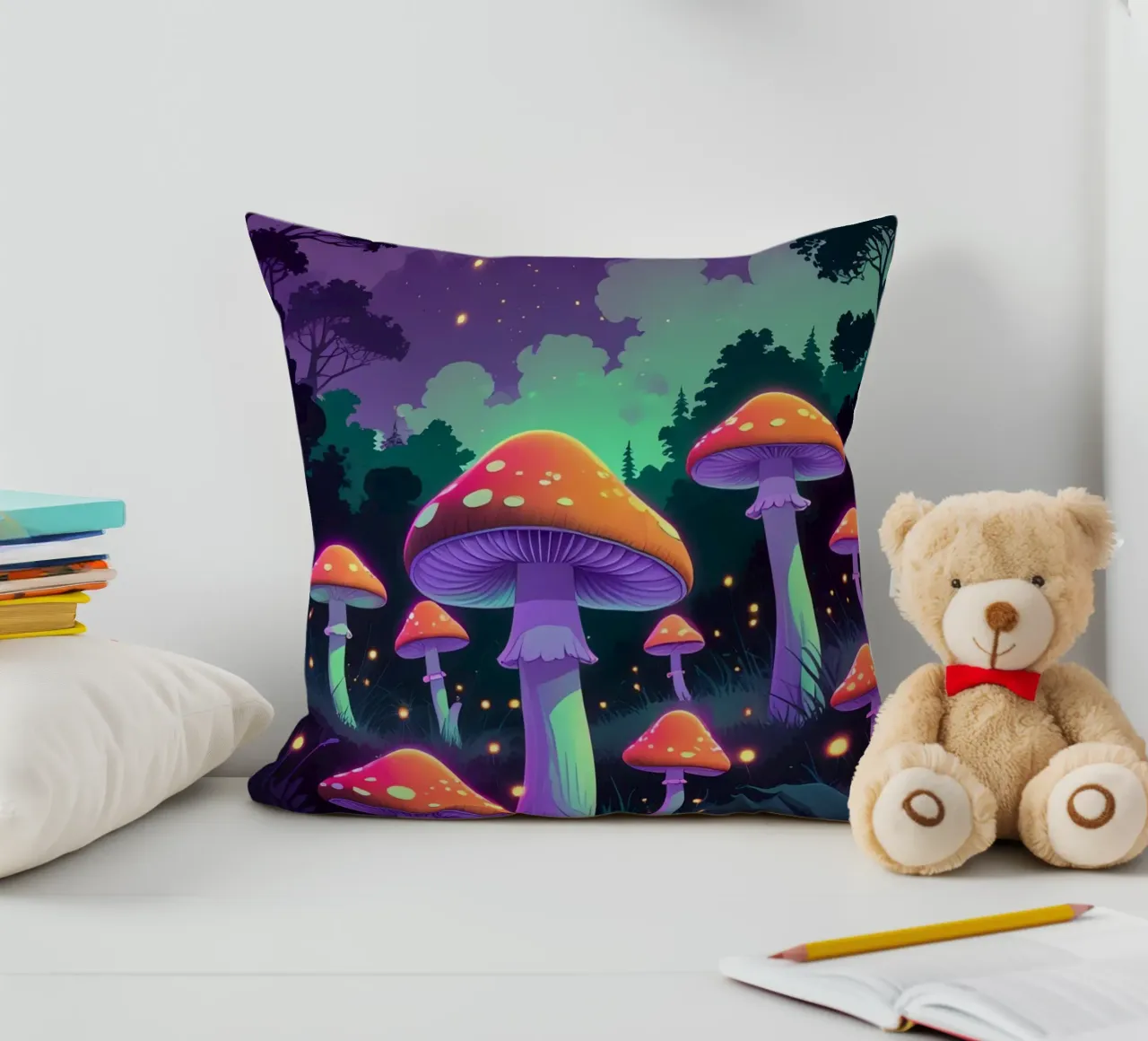 Foresta incantata con funghi luminosi cuscino da DesignDoodle