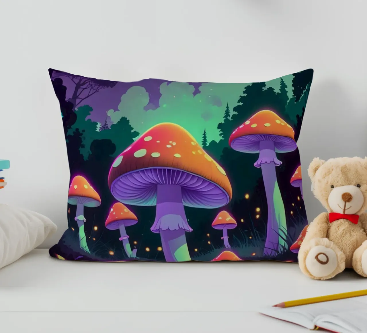 Foresta incantata con funghi luminosi cuscino da DesignDoodle