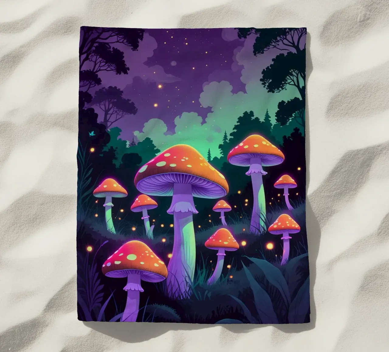 Foresta incantata con funghi luminosi telo mare da DesignDoodle