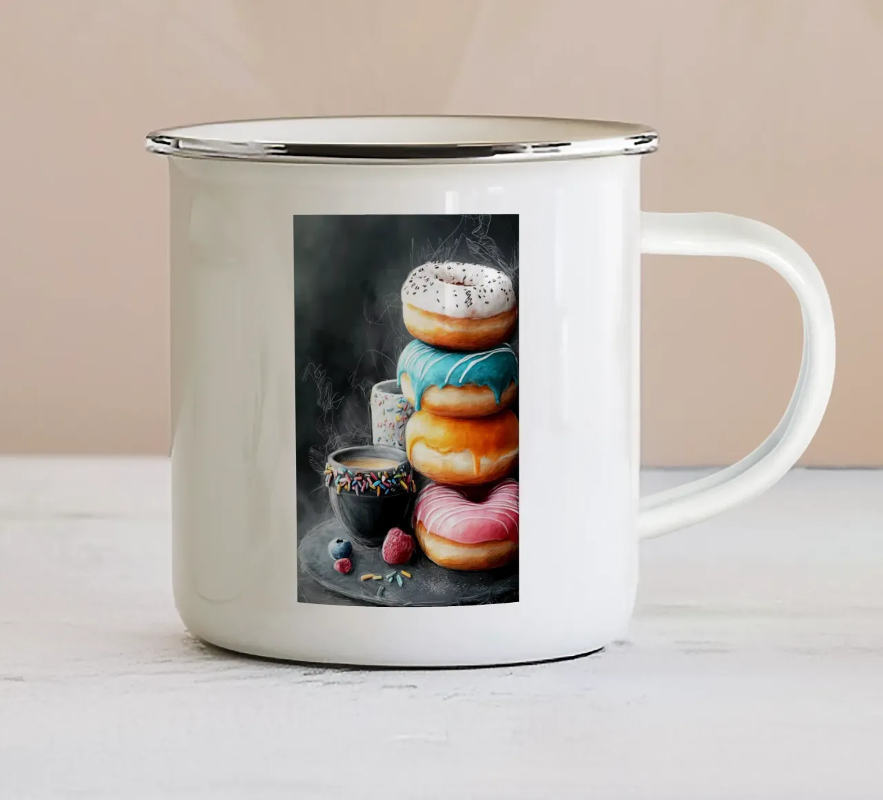 Ciambelle e caffè: arte alimentare tazza in smalto da Justyna Jaszke JBJart