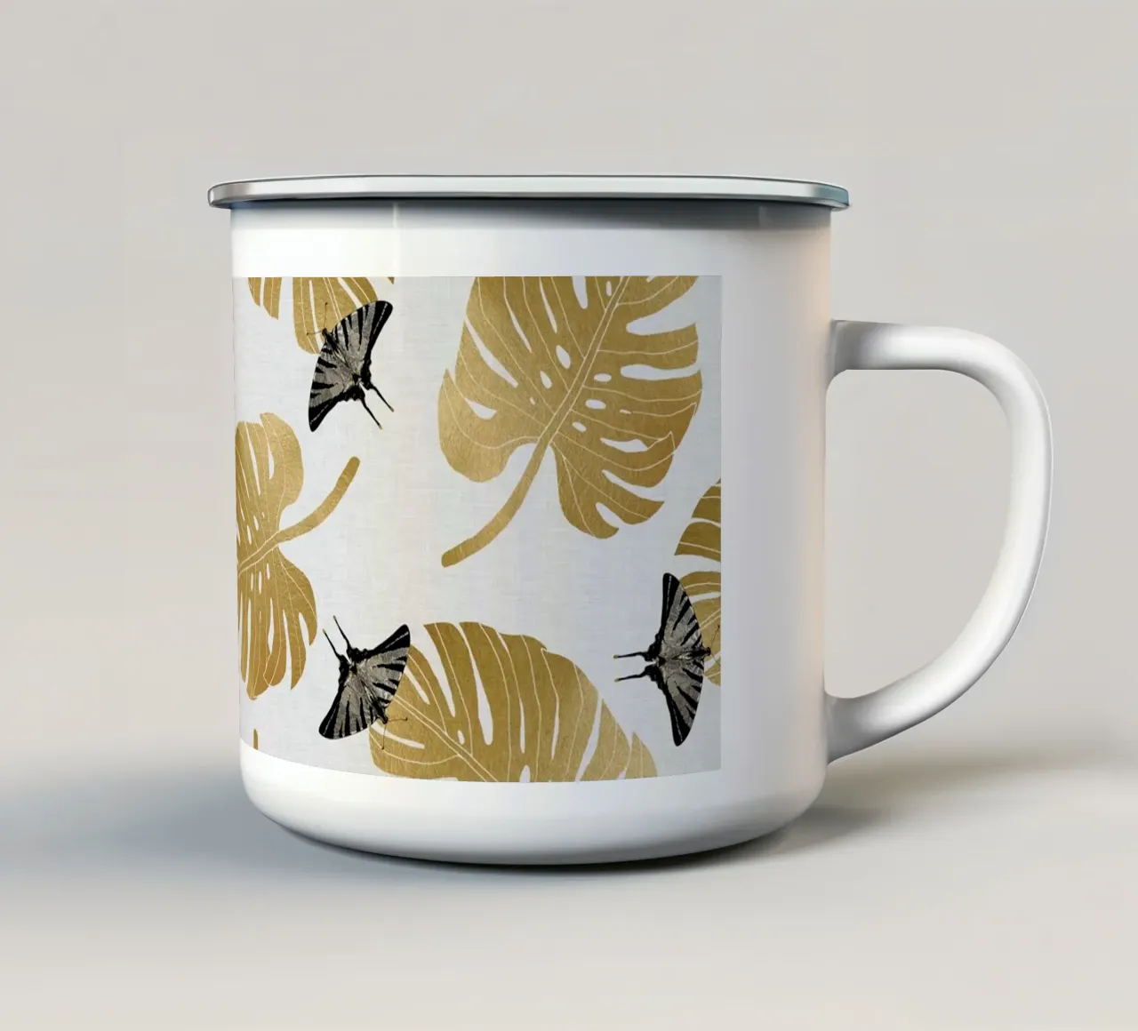 Farfalla e foglia di Monstera tazza in smalto da Orara Studio