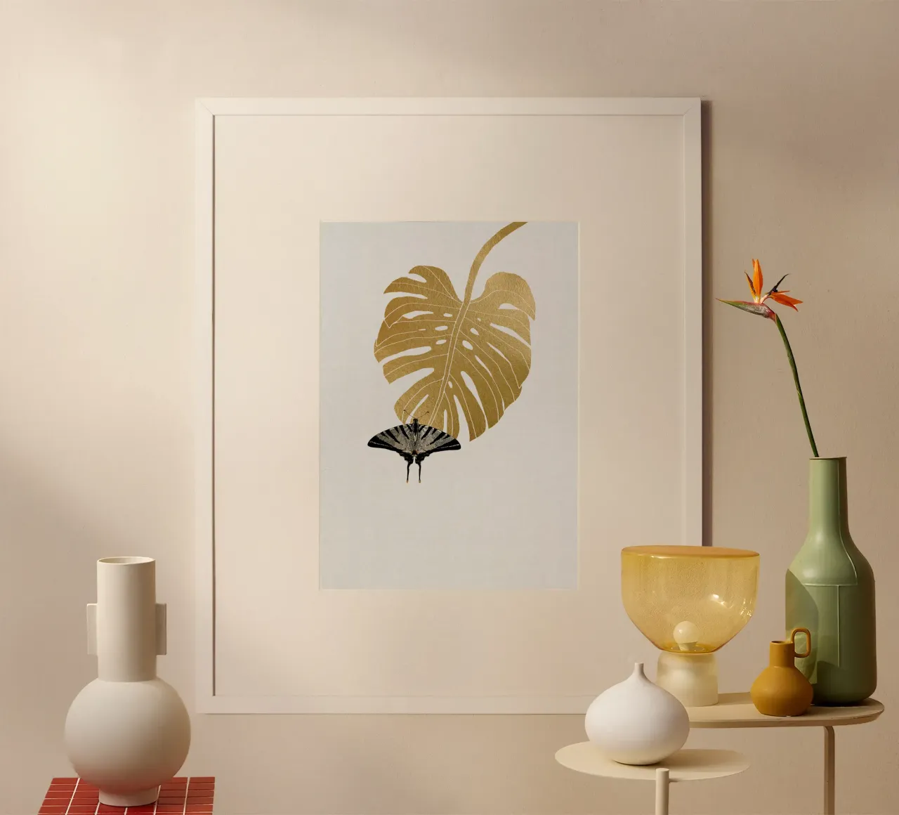 Farfalla e foglia di Monstera carta hahnemühle da Orara Studio