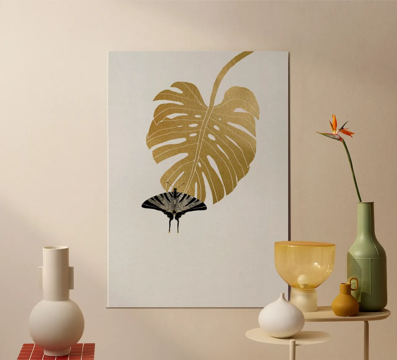 Farfalla e foglia di Monstera carta hahnemühle da Orara Studio
