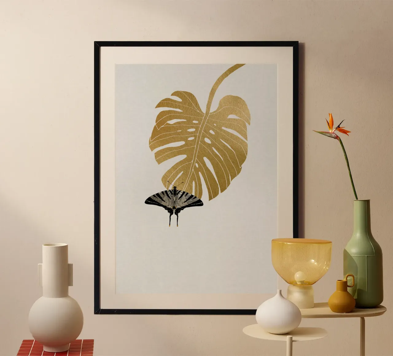 Farfalla e foglia di Monstera carta hahnemühle da Orara Studio