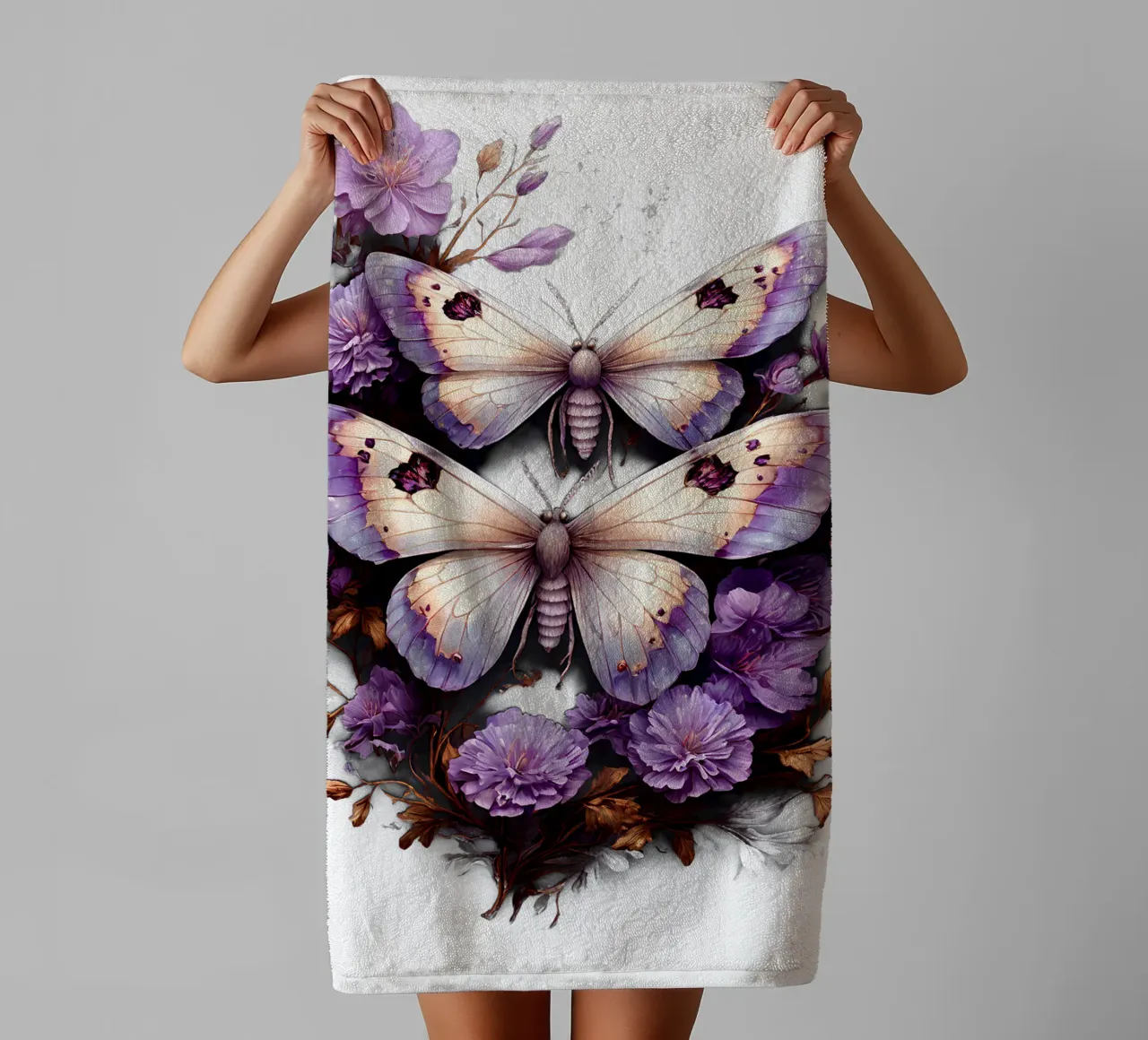 Falene magiche con fiori viola asciugamano da bagno da Eva Nev
