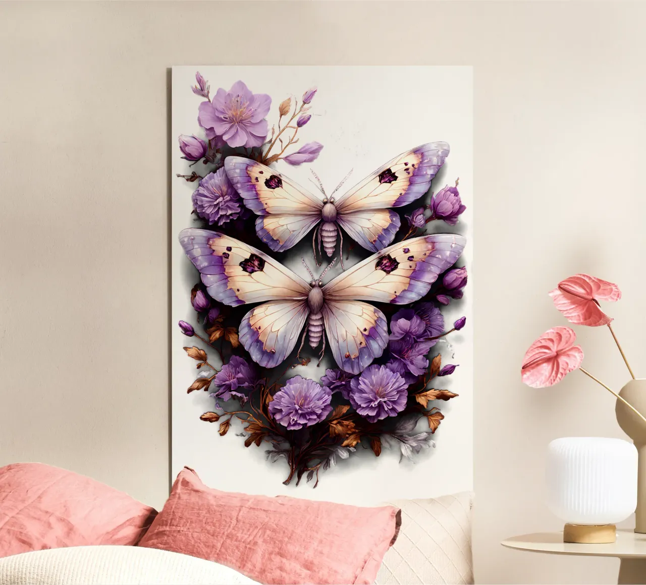 Falene magiche con fiori viola alluminio dibond da Eva Nev