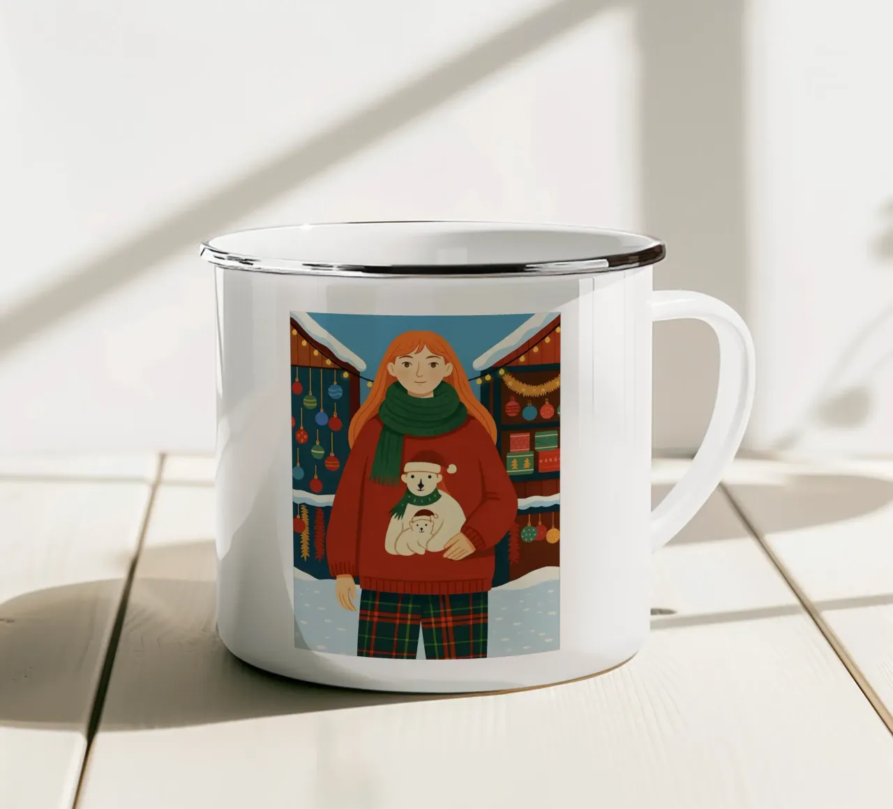 DONNA CON PULLOVER NATALIZIO AL MERCATO INVERNALE DI NATALE tazza in smalto da CHRISTMAS ART