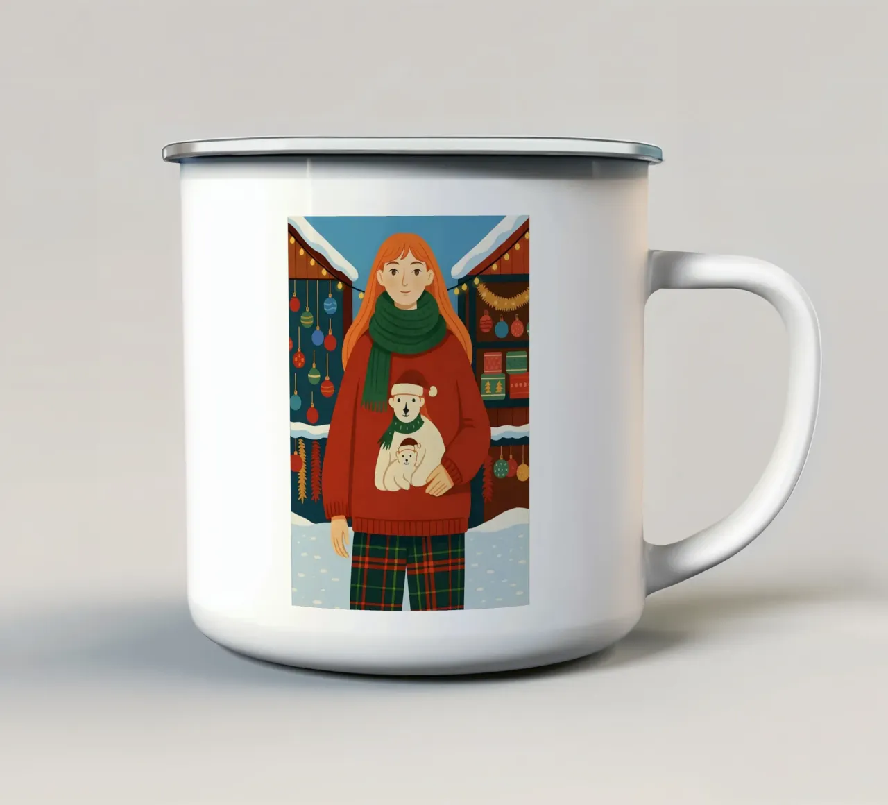 DONNA CON PULLOVER NATALIZIO AL MERCATO INVERNALE DI NATALE tazza in smalto da CHRISTMAS ART