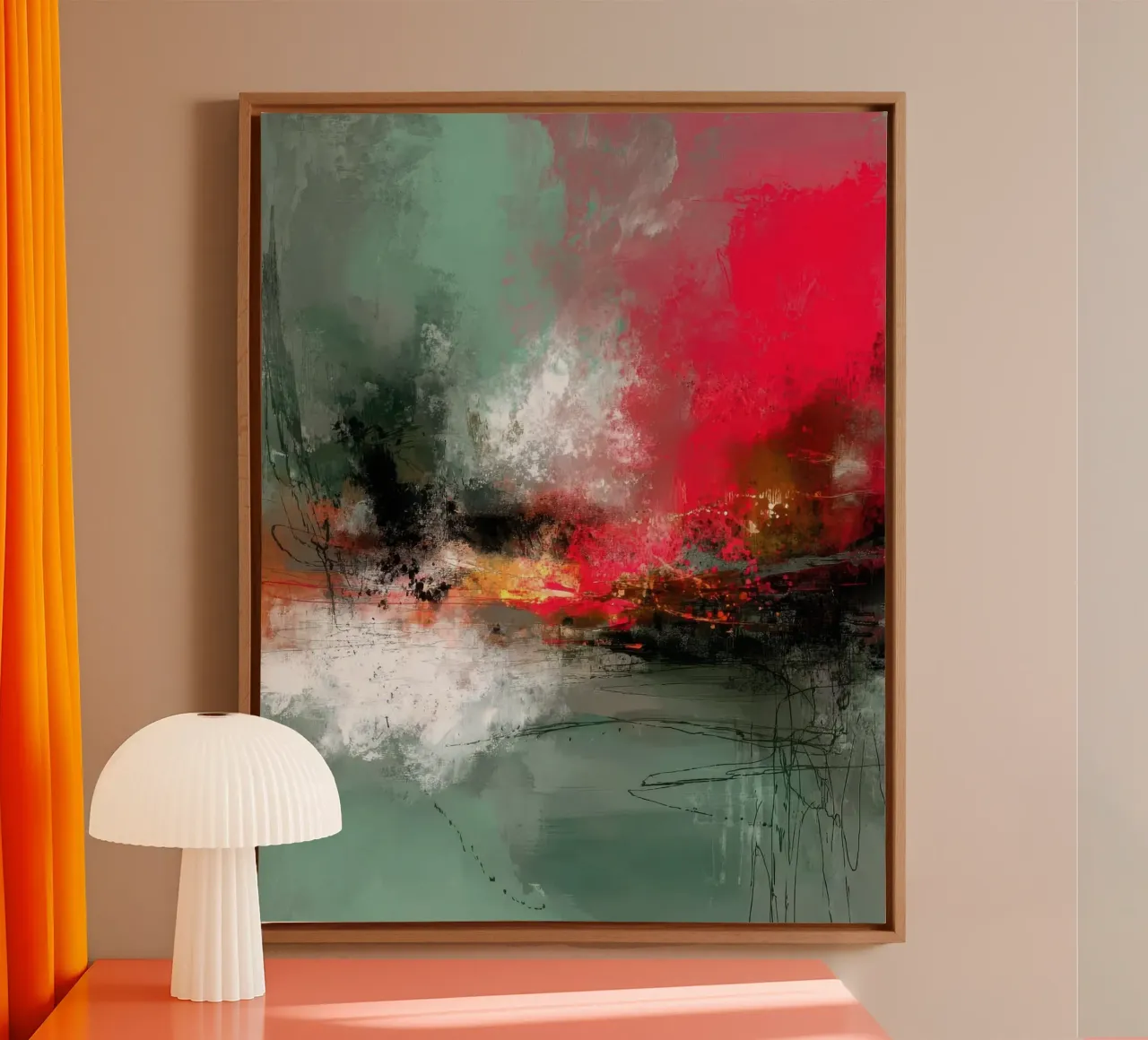 Stille botsing abstract rood en groen compositie canvas van StudioVO