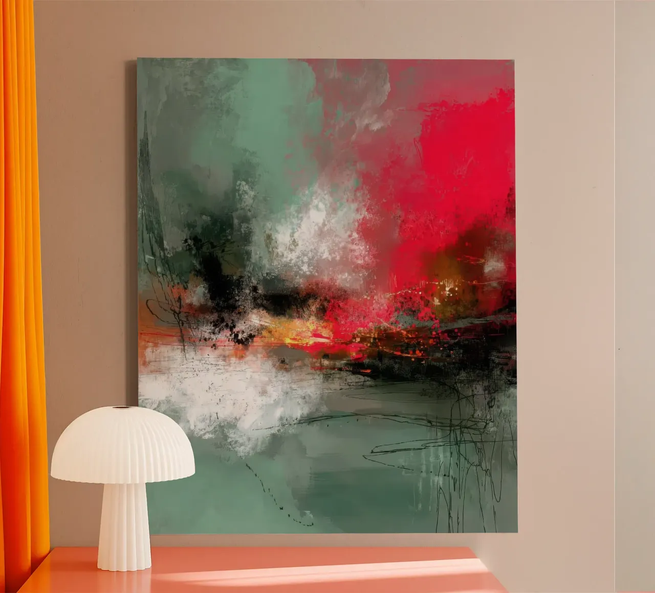 Stille botsing abstract rood en groen compositie canvas van StudioVO