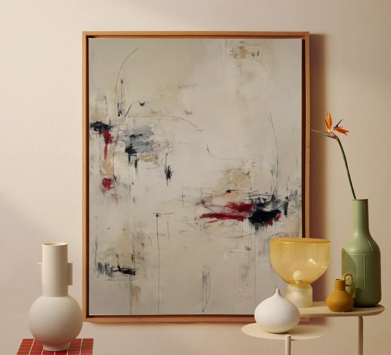 Silent Motion – Abstract Minimal Beige and Red Composition canvas by StudioVO