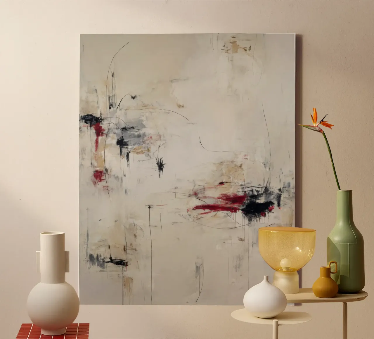 Silent Motion – Abstract Minimal Beige and Red Composition canvas by StudioVO