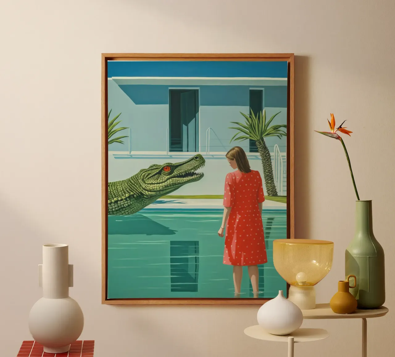 Das Krokodil am Pool Leinwand mit Schattenfugenrahmen von Autofocus