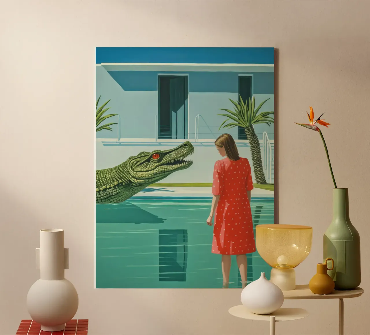 Das Krokodil am Pool Leinwand mit Schattenfugenrahmen von Autofocus