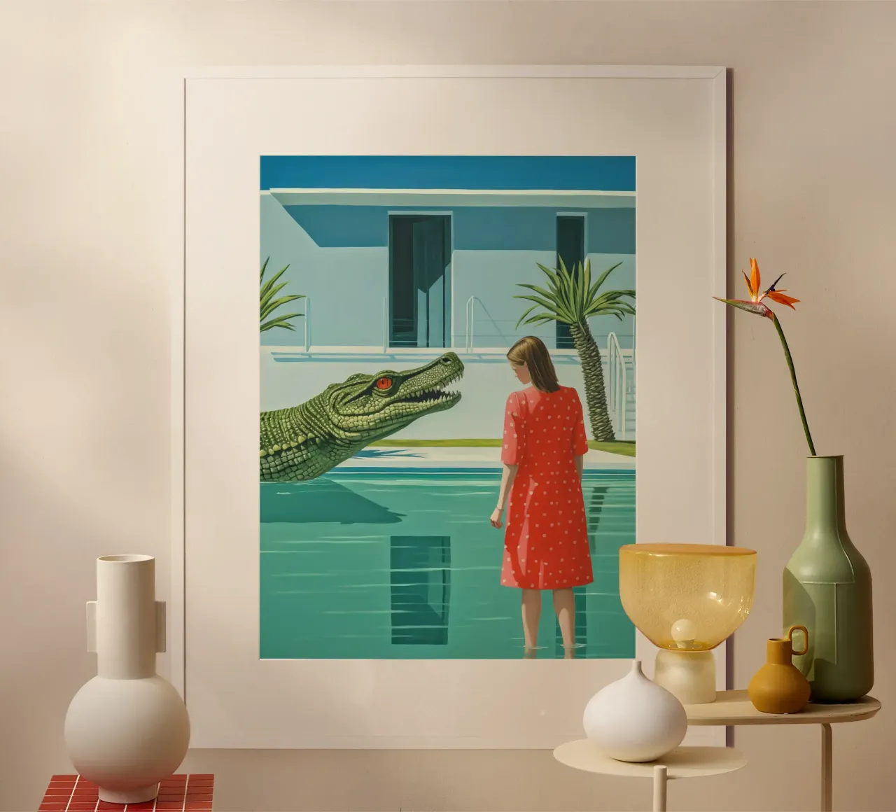 Das Krokodil am Pool Poster mit Kunststoffrahmen von Autofocus
