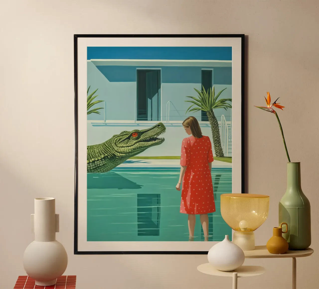 Das Krokodil am Pool Poster mit Kunststoffrahmen von Autofocus