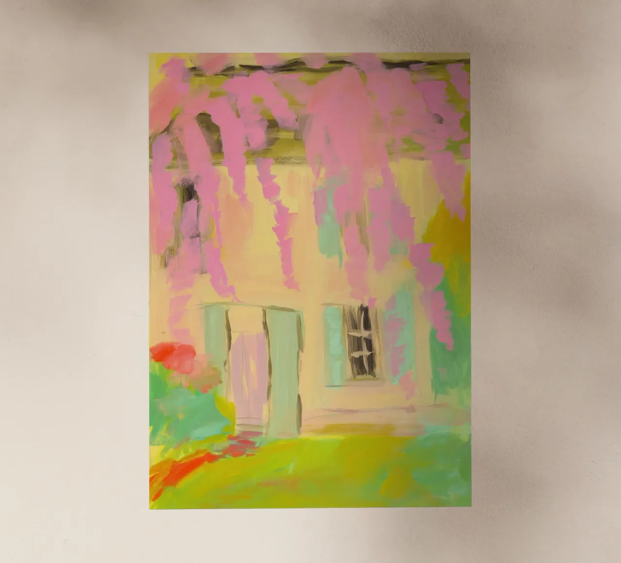 Casa gialla con tende a fiori rosa pellicola backlit da Bright Horizons