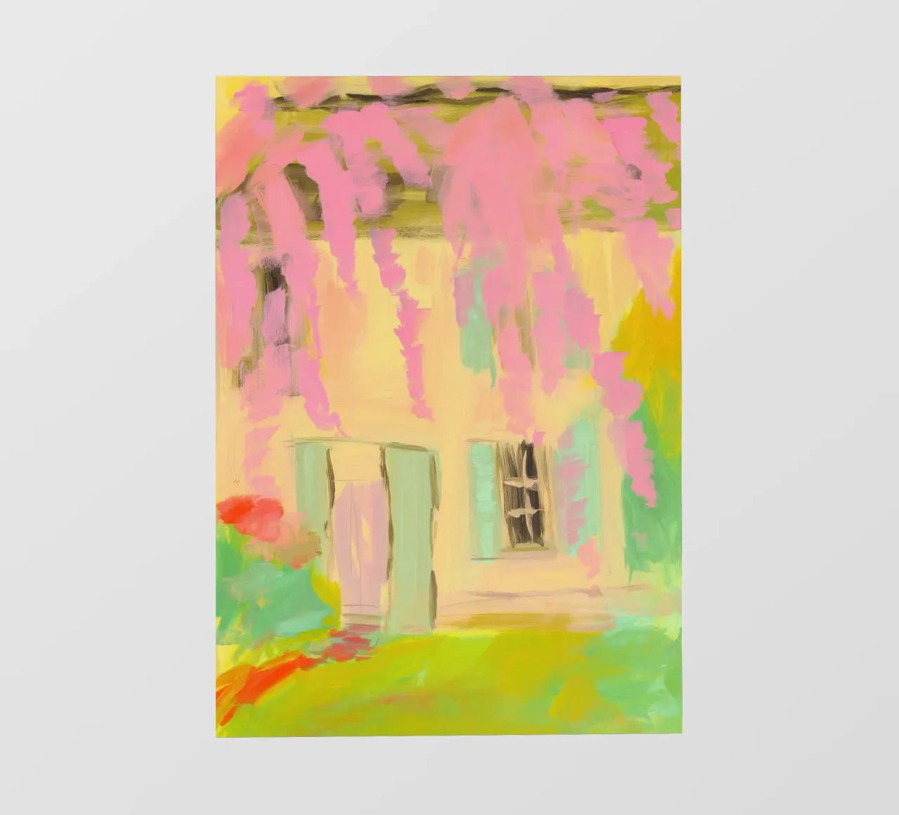 Casa gialla con tende a fiori rosa pellicola backlit da Bright Horizons