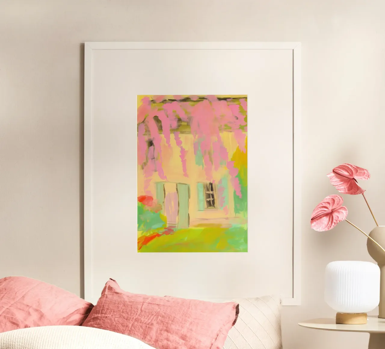 Casa gialla con tende a fiori rosa carta hahnemühle da Bright Horizons