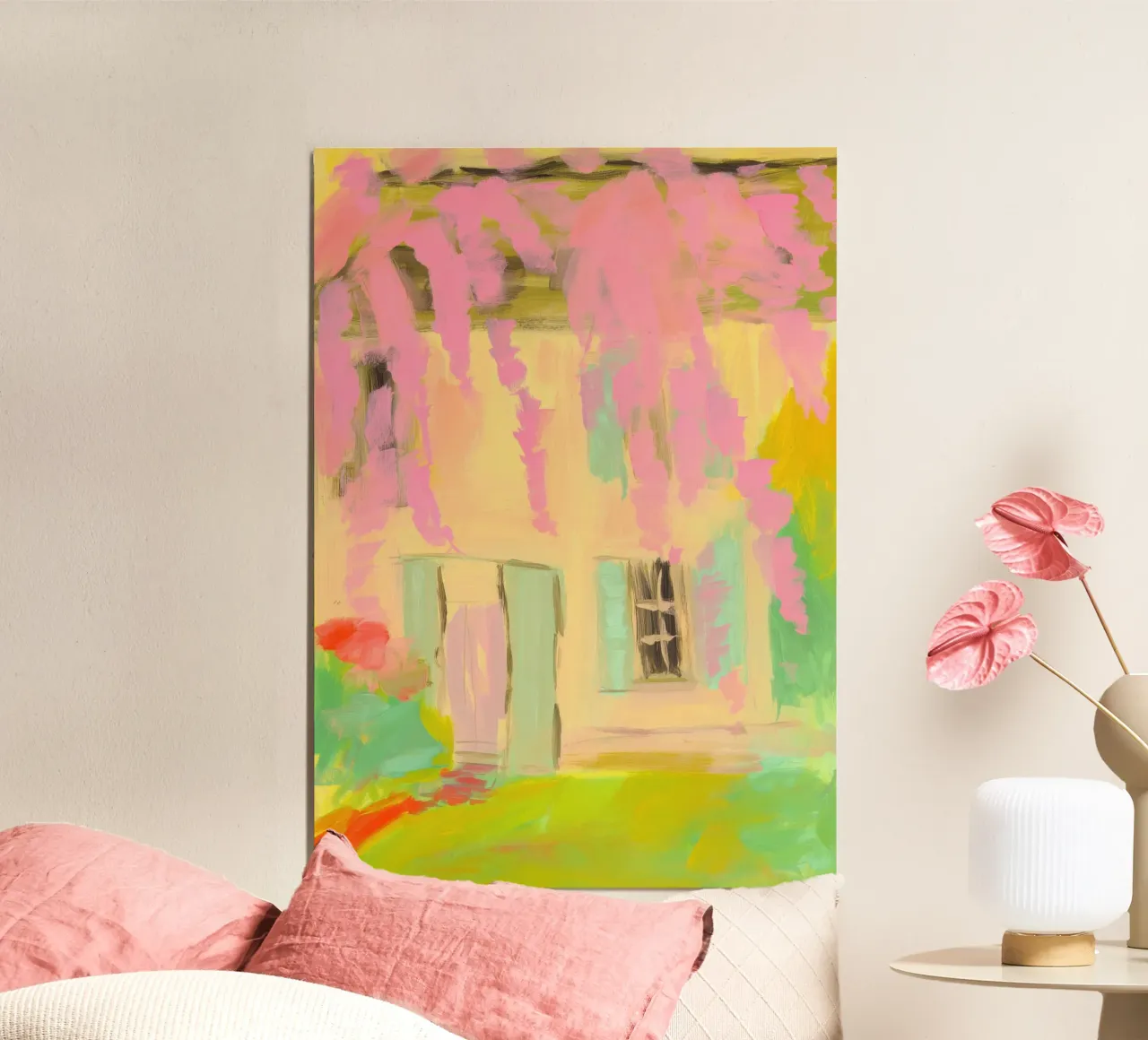 Casa gialla con tende a fiori rosa carta hahnemühle da Bright Horizons
