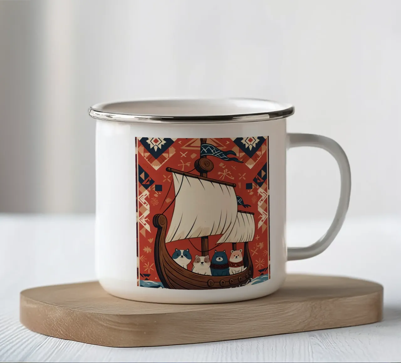 Quattro cuccioli su una nave di legno tazza in smalto da DesignDoodle