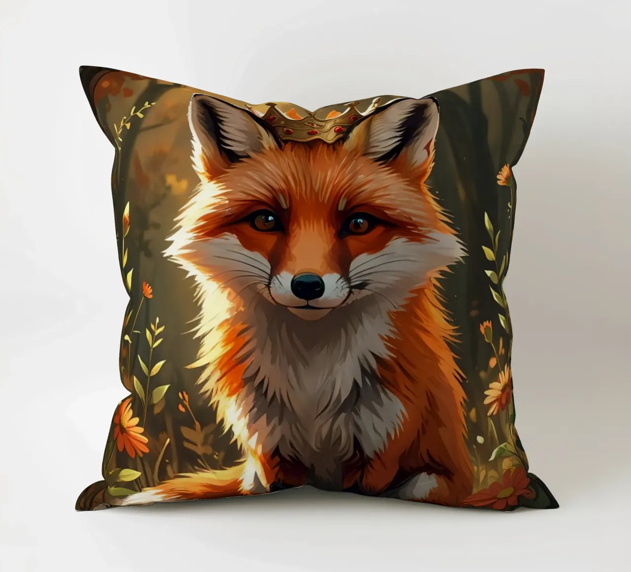Volpe con corona nella foresta d'autunno cuscino da DesignDoodle