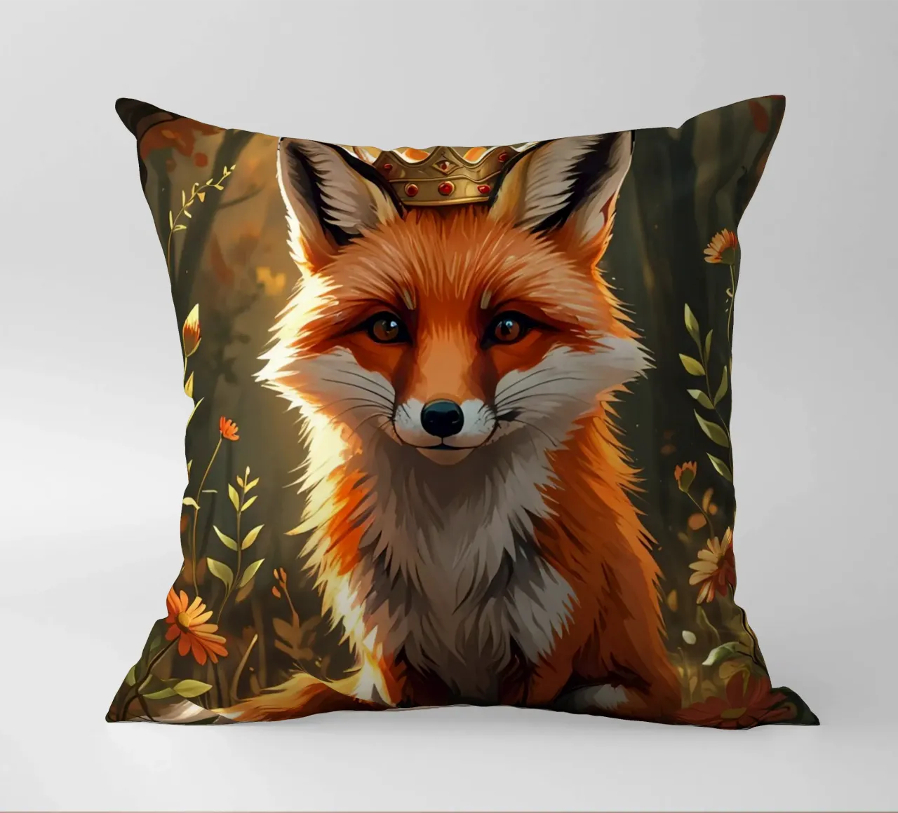 Volpe con corona nella foresta d'autunno cuscino da DesignDoodle